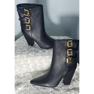 Rebecca Minkoff NEW Womens Black Leather Buckle block Heeled Boot Size 7 Preppy